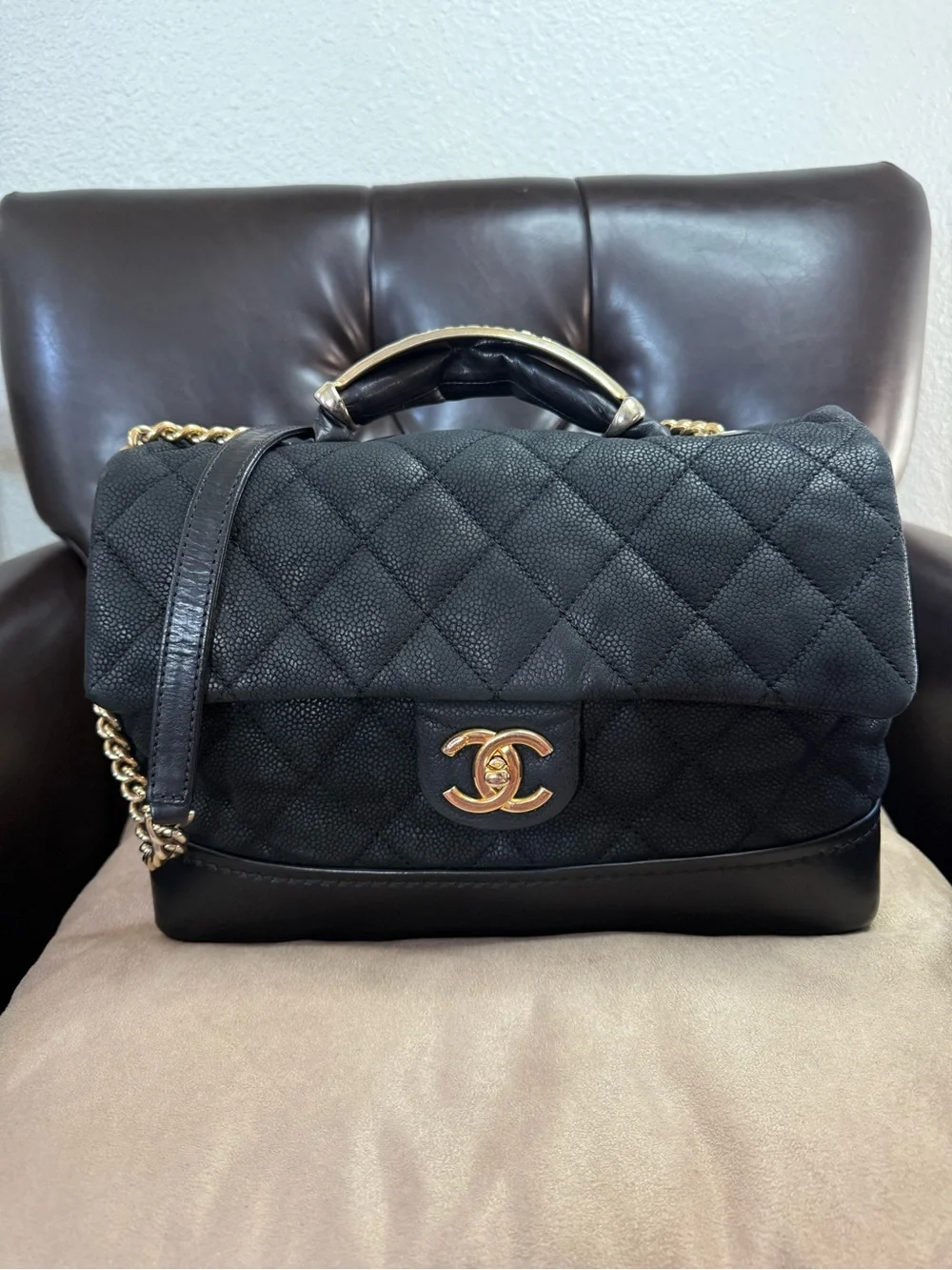 CHANEL Cruise Iridescent Black Caviar Leather Classic Flap Top Handle Kelly Bag